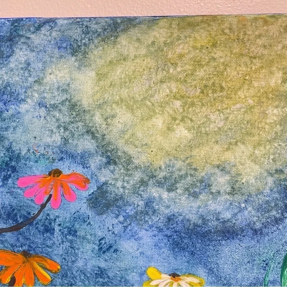 Handmade acrylic painting of sunshine and flowers daisies